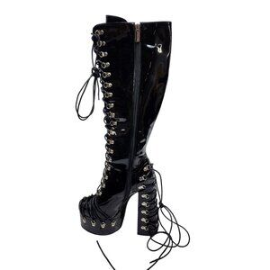 Black Leather Knee-High Lace-Up Platform Boots 6 Frankie Hsu Gothic side Zipper